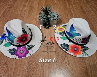 Kwiatowy koliber autentyczne ręcznie malowane kapelusze Fedora/Sombreros Coloridos de Colibri y Flores Pintados a Mano ROZMIAR L