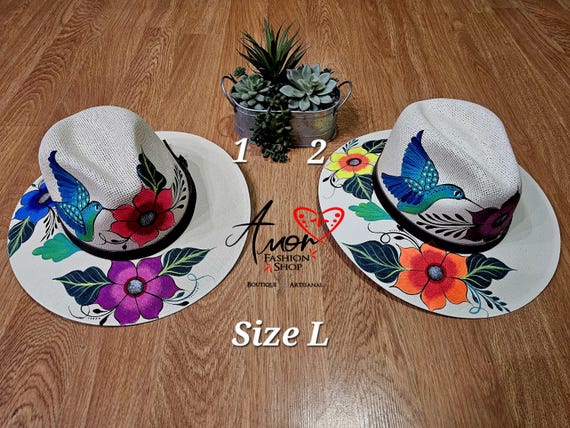 Floral Hummingbird Authentic Hand Painted Fedora Hats / Sombreros Coloridos de Colibri y Flores Pintados a Mano  SIZE L