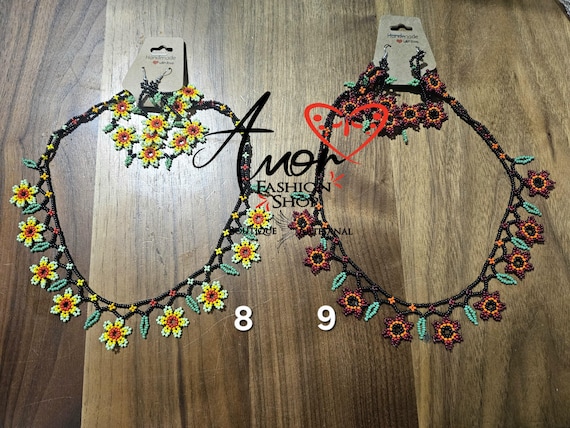 Lovely Small Beaded Flowers Necklace SET with Earrings in Different Colors - Collar Florecitas Con Aretes Chaquira / Huichol Artesanales