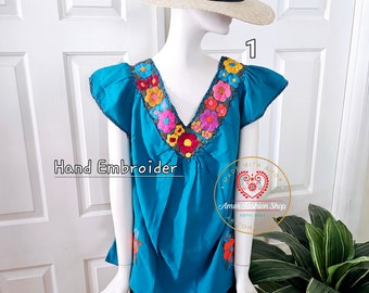 Linda Blusa Bordada a Mano En Frente y a Tras Floral Artesanal