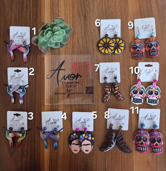 Earrings - Authentic Leather Hand Painted Hummingbird, Sunflower, Sugar Skull, Monarch Butterfly, Frida.