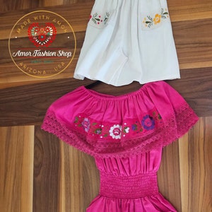 Hand Embroidered Off the Shoulder Campecina Jumpsuit Jumper Romper Shorts w Pockets / Shorts Campesina Olan  Bordado a Mano Artesanal