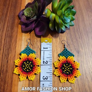 Gorgeous Large Huichol Sunflower Chaquira Beaded Earrings Hermosos ...