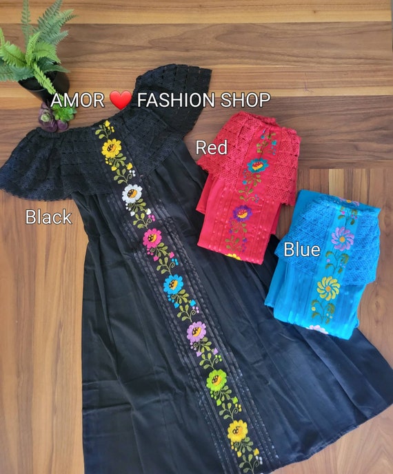 Hand Embroider Off Shoulder Atesian Culture Peasant Fashion Dress / Bordado a Mano Vestido Artesanal Mexicano Campesina