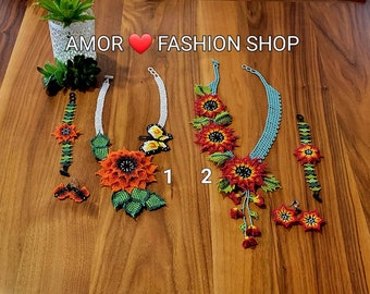 Sunflower Crystal Beaded 3 Dimentional Necklaces 3 Piece SET Native / Juego de Collar Artesanal Huichol en Chaquira  Tipo Girasol 3 Piezas.