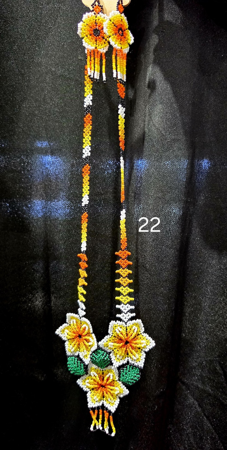 Huichol 2 Piece Necklace Beaded SET with Earrings in different colors - Juego Collar Girasol Flor Huichol Chaquira Artesanal 22