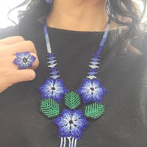 Huichol 2 Piece Necklace Beaded SET with Earrings in different colors - Juego Collar Girasol Flor Huichol Chaquira Artesanal image 4