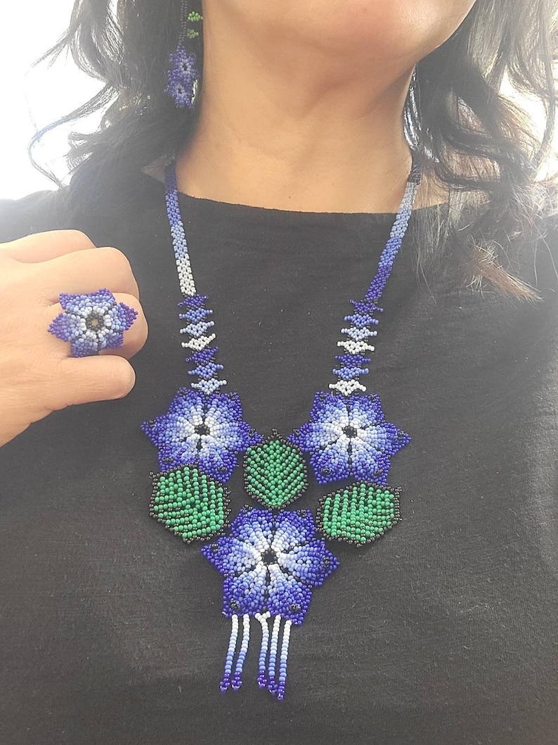 Huichol 2 Piece Necklace Beaded SET with Earrings in different colors - Juego Collar Girasol Flor Huichol Chaquira Artesanal image 4