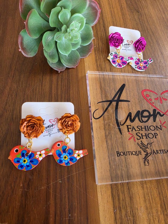 Earrings: Wooden Hand Painted Birds with Palm Leave Flowers