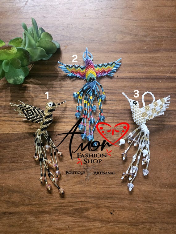 Colorful Hummingbird Beaded Keychains Artisan Made - Llaveros Chupa Rosa Chaquira Huichol Artesanal