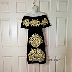 Beautiful Two Tone Ethnic Floral Embroidered Off Shoulder Mexican Fiesta Boho Dress / Vestido Negro Bordado Tono Dorado Campesina Arte