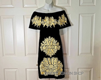 Beautiful Two Tone Ethnic Floral Embroidered Off Shoulder Mexican Fiesta Boho Dress / Vestido Negro Bordado Tono Dorado Campesina Arte