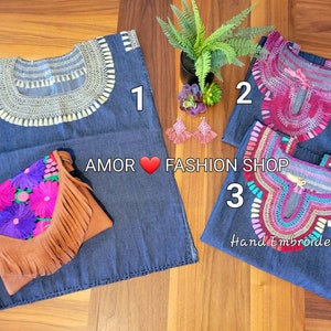 デニム手刺繍ボヘミアン ウエスタン サザン チャーム トップス プラス サイズ L Blusa Cadenilla Bordado a Mano Mezclilla Artesanal