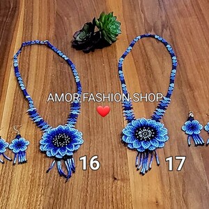 Huichol 2 Piece Necklace Beaded SET with Earrings in different colors - Juego Collar Girasol Flor Huichol Chaquira Artesanal image 9