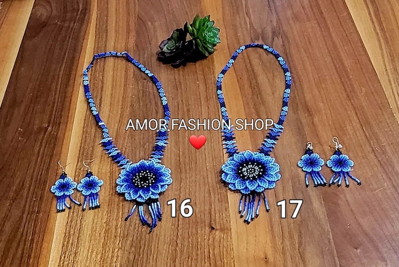 Huichol 2 Piece Necklace Beaded SET with Earrings in different colors - Juego Collar Girasol Flor Huichol Chaquira Artesanal image 9
