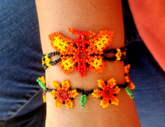 Beautiful Beaded Butterfly and Flower Chaquira Bracelets Hermosas Pulseras Mariposa y Flor Huichol