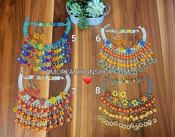 Handcrafted Huichol Flower Beaded Necklace Set