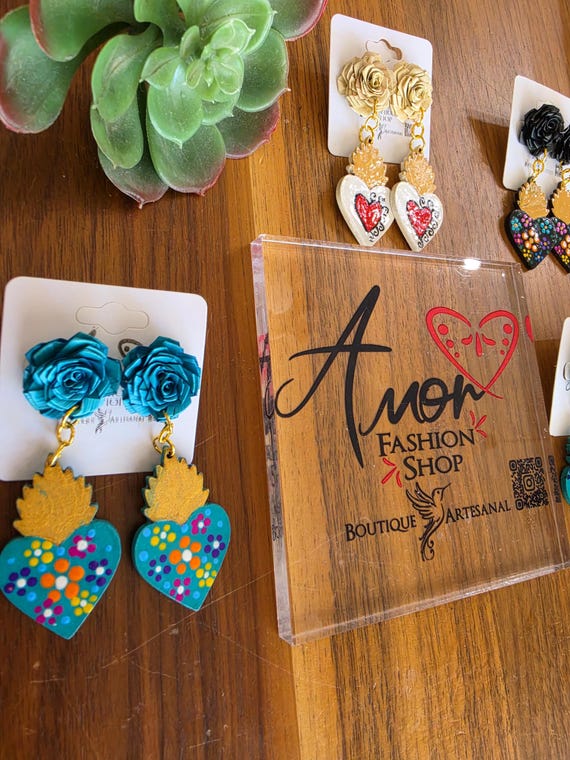 Earrings: Wooden Hand Painted Heart with Palm Leave Flowers