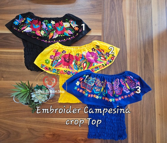 Lovely Embroider Crop Top Off the Shoulder Beach Peasant Boho Western Blouse / Lindas Ombligueras Olan Artesanales