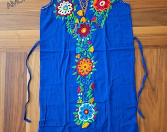 May include: A royal blue sleeveless dress with colorful floral embroidery. The dress has a V-neckline and a tie at the waist. The embroidery features a variety of flowers in shades of red, yellow, orange, green, and blue.