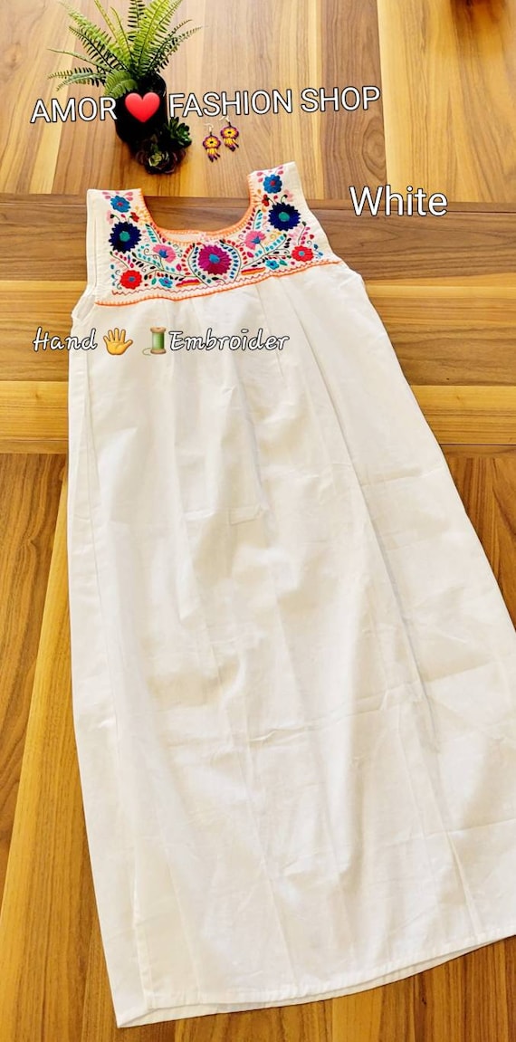 Hand Embroidered Mexican Peasant Dress: Long Sleeve Cotton Florecitas