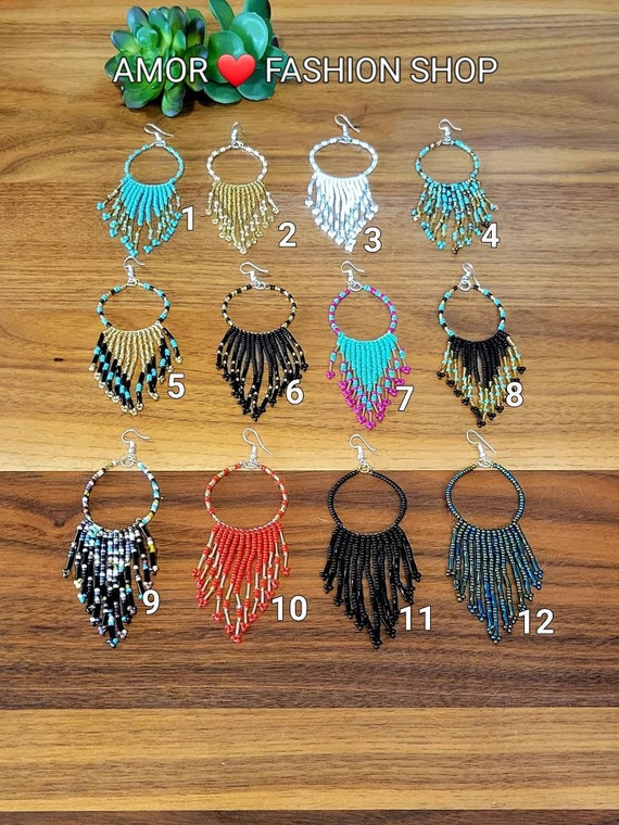 Beaded Long Chaquira Indigenous Native American Boho Western Earrings / Huichol Aretes Artesanales Mexicanos