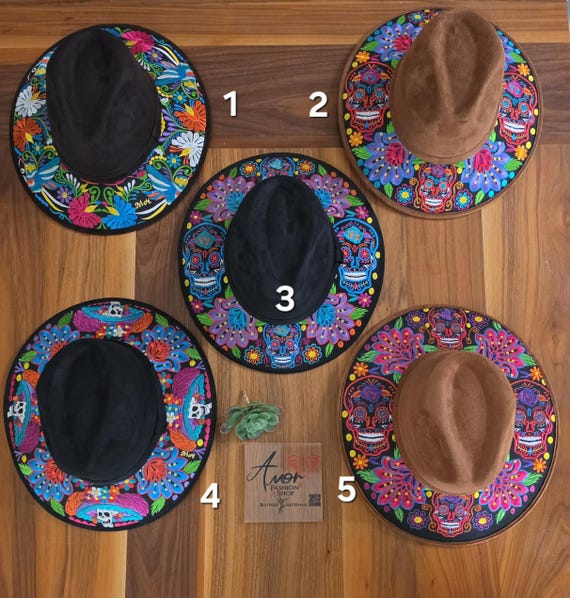 Sunflower Hummingbird Catrina Sugar Skull Embroider Hats - Lindos Sombreros Gamuza Bordado Artesanal. SIZE M