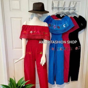 Hand Embroider Campesina Off the Shoulder Jumpsuit Jumper Romper Pants w Pockets /  Pantalon Campesina Olan de Encaje Bordado a Mano Artesan