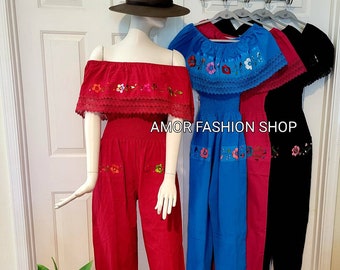 Hand Embroider Campesina Off the Shoulder Jumpsuit Jumper Romper Pants w Pockets /  Pantalon Campesina Olan de Encaje Bordado a Mano Artesan