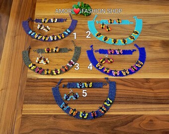 Artisian Butterfly 3 Piece SET Beaded Native Bohemian Necklace / Juego de Collar Mariposa Chaquira Huichol Artesanal