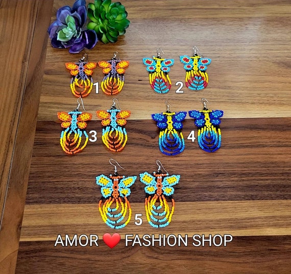 Butterfly Beaded Handcraft Boho Earrings / Aretes Largos Mariposa Chaquira  Huichol Artesanal 