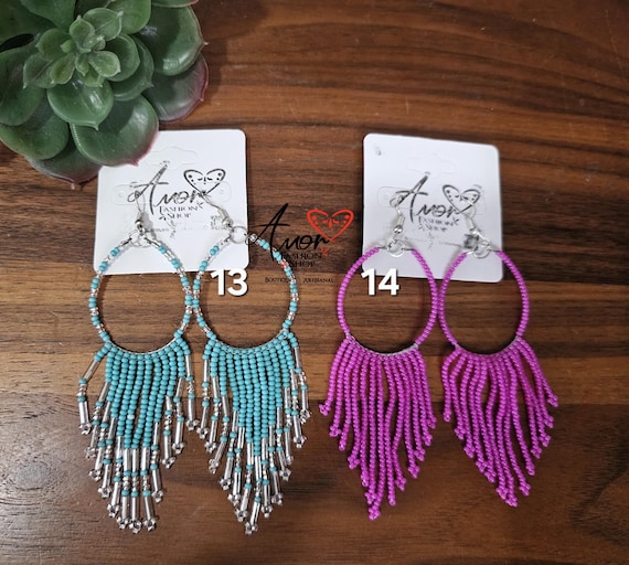 Beaded Dangling Hoops / Aretes Chaquira Huichol