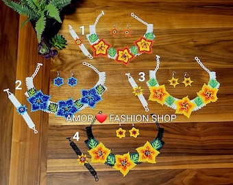 Huichol Flower Beaded Jewelry Set: Necklace, Earrings, Bracelet