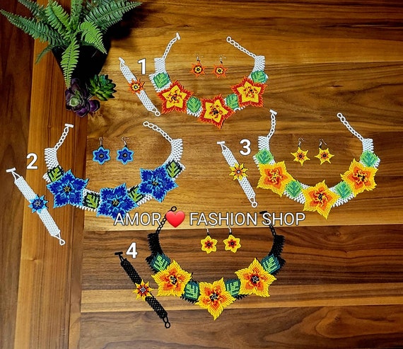 Huichol Flower Beaded Jewelry Set: Necklace, Earrings, Bracelet