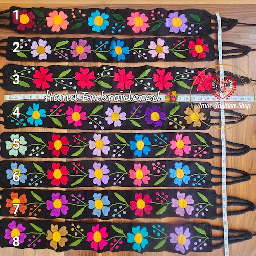 Black Colorful Hand Embroidered Flower Sash Etsy