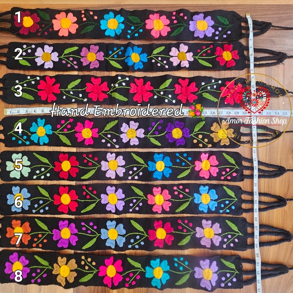 Gorgeous Black Belts Colorful Hand Embroidered Flower Sash - Cintos / Fajos Mexicanos Negros Bordados a Mano Negros con Colores Artesanales