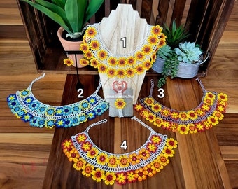 Flower Beaded  Necklace 3 Piece SET / Juego de Collar en Chaquira Tipo Florecitas y Girasol.