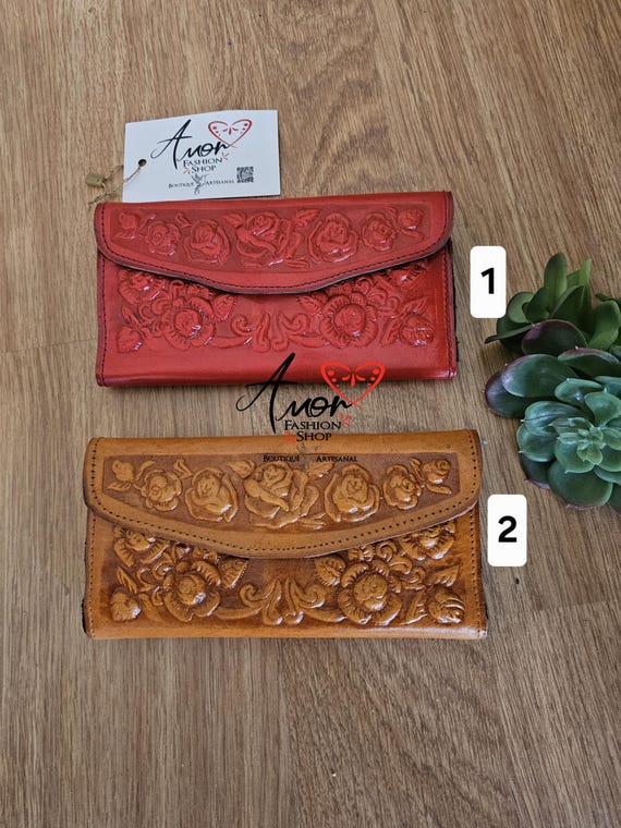 Coloful Mexican Leather Tri -Fold Wallets / Carteras Coloridas Mexicanas de Piel Grabado