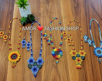 Huichol 2 Piece Necklace Beaded SET with Earrings in different colors - Juego Collar Girasol Flor Huichol Chaquira Artesanal