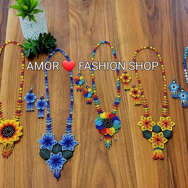 Huichol 2 Piece Necklace Beaded SET with Earrings in different colors - Juego Collar Girasol Flor Huichol Chaquira Artesanal
