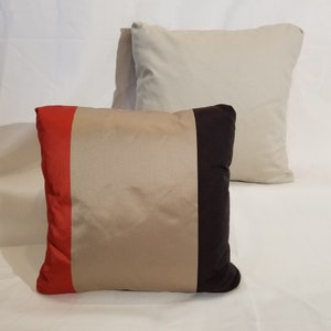 Set of 2 Designer Fabric Square Orange Brown Satin Color Block Throw Pillows -- Remnant Fabric at Deep Discount