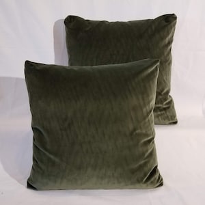 Set of 2 Designer Fabric Square Olive Velvet Throw Pillows -- Remnant Fabric at Deep Discount