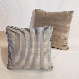 Set of 2 Designer Fabric Square Teal Velvet Stripe Throw Pillows (B) -- Remnant Fabric at Deep Discount
