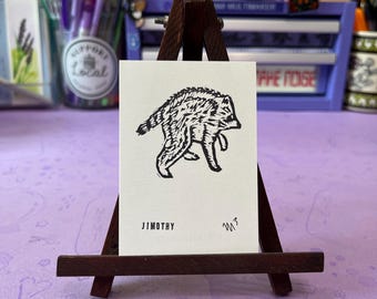 Jimothy Raccoon Hand Stamped Linocut Mini Print Art ACEO by Mimi MultiMaker
