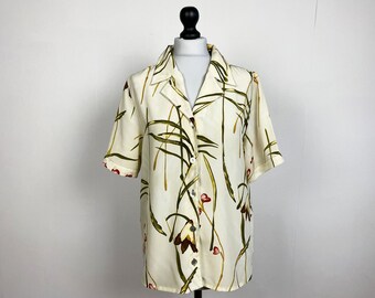 90s Floral Button Up Shirt Vintage Short Sleeve Silky Shirt Oversize Summer Blouse Tropicana Iris Print Top Size Medium