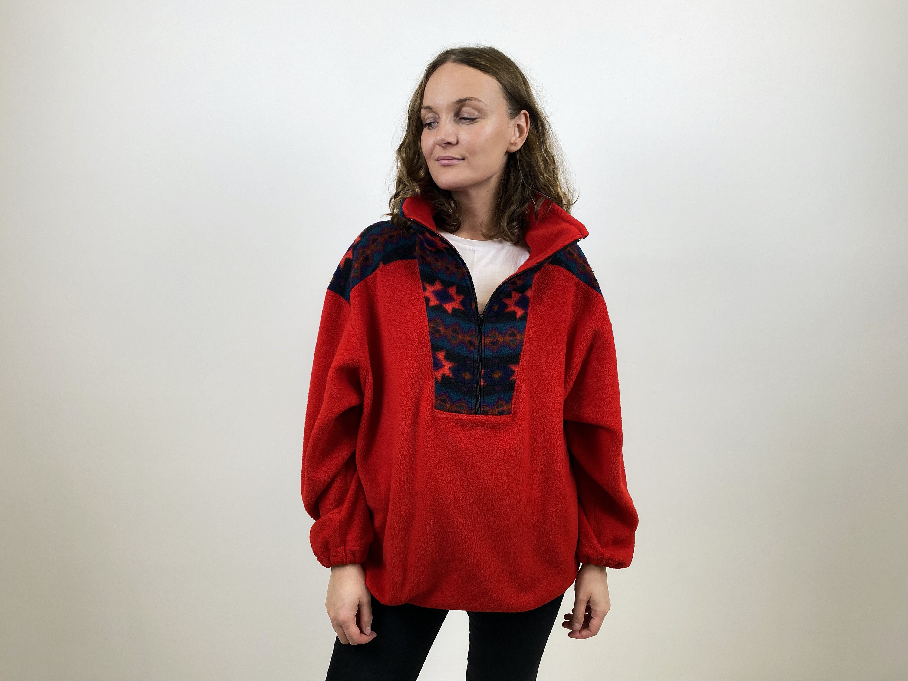 Vintage Patterned Fleece Sweater 90s 