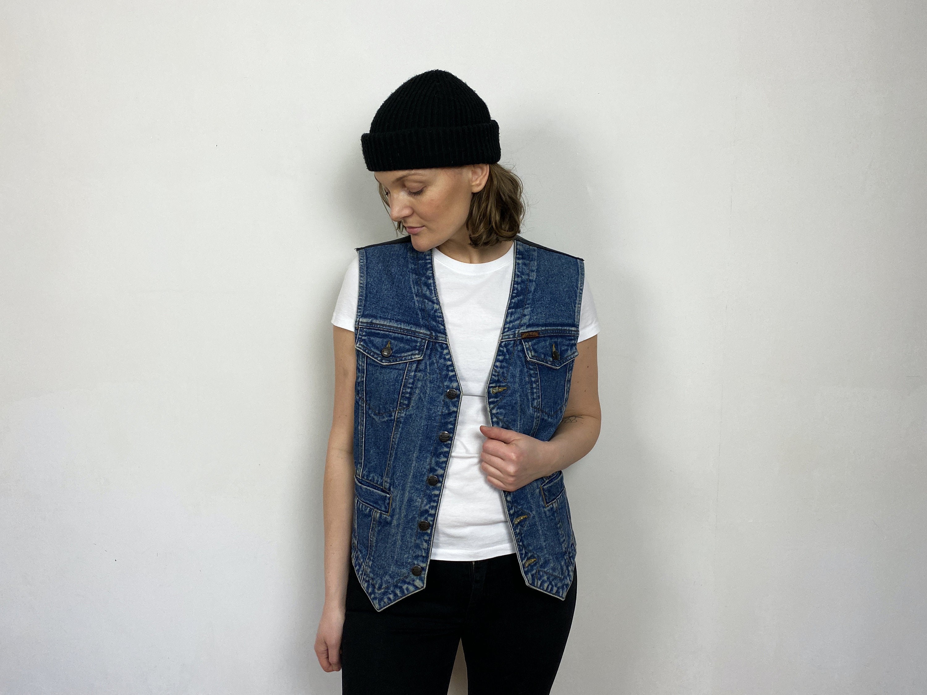 Vintage Denim Vest With Black Leather 