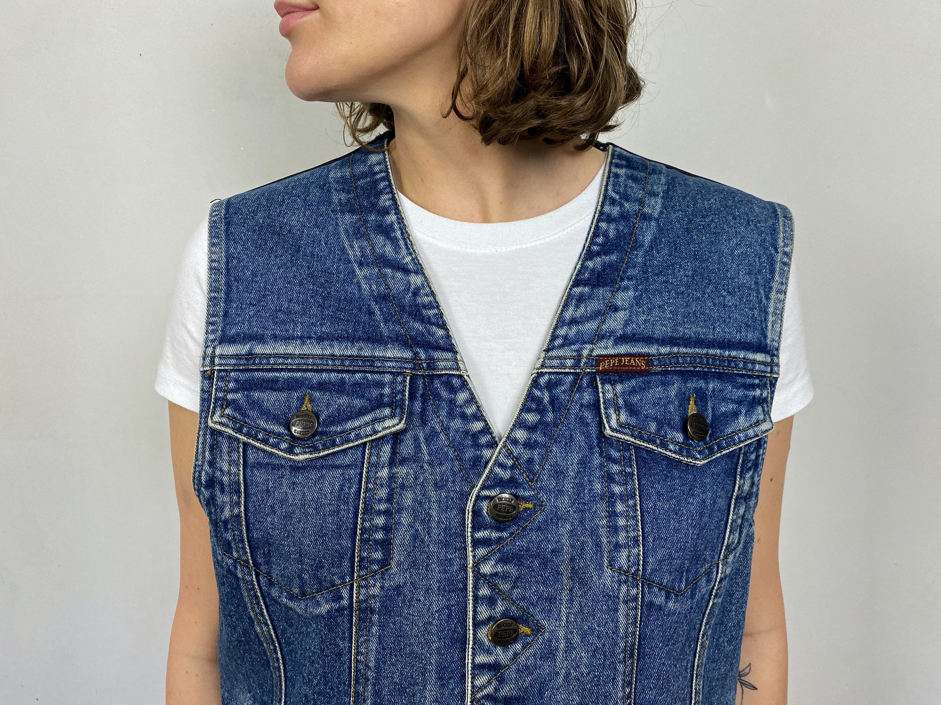 Vintage Denim Vest met Zwart Lederen Back Jeans Vest Trucker Etsy