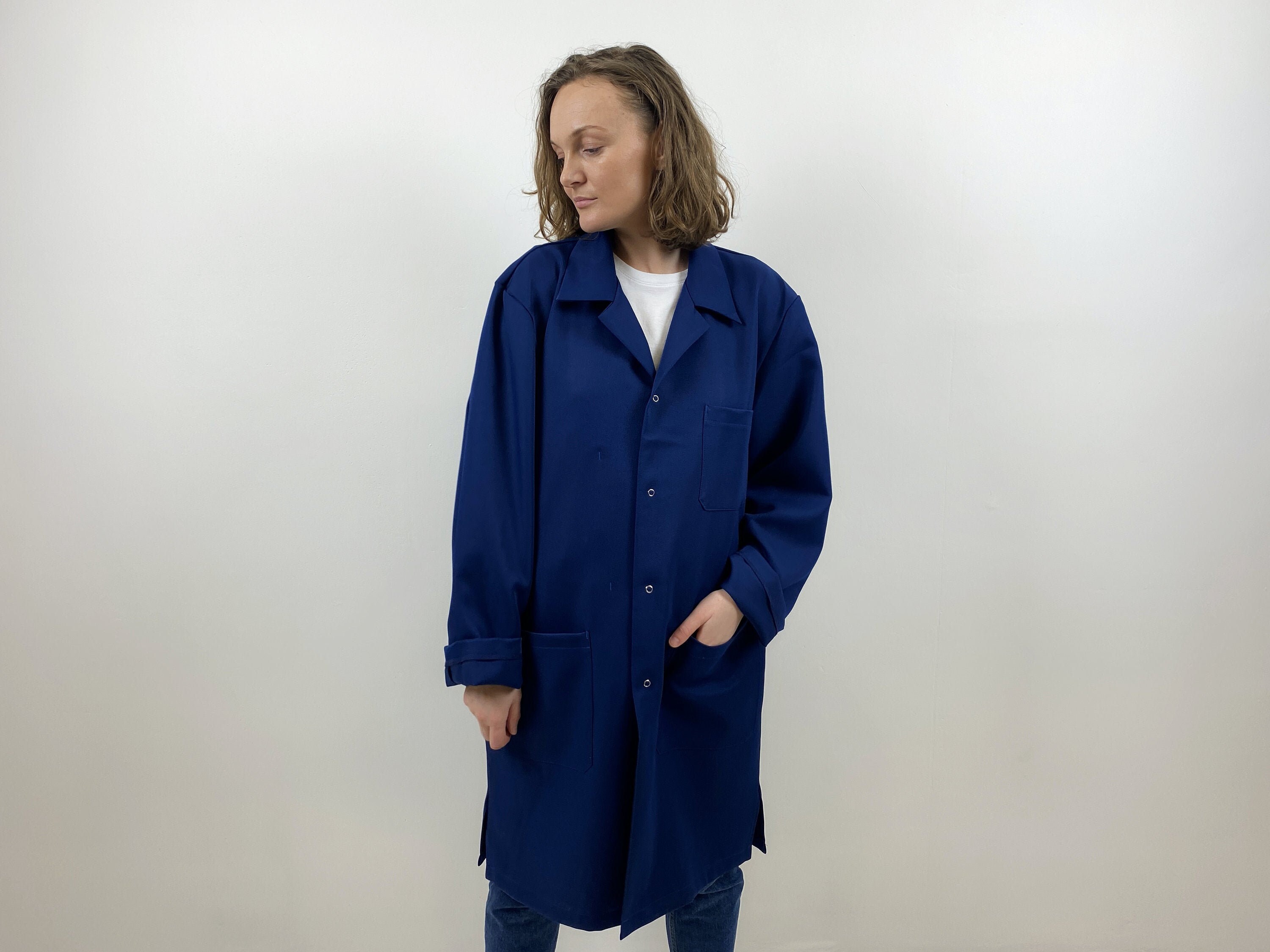 Vintage Indigo Blue Chore Jacket Coat long french work jacket utility jacket men's work wear warehouse jacket size XL