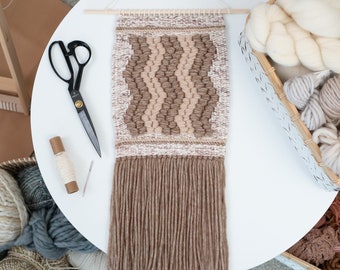 Medium Brown and Tan Zig Zag Handmade Woven Wall Hanging / One of a Kind Weaving